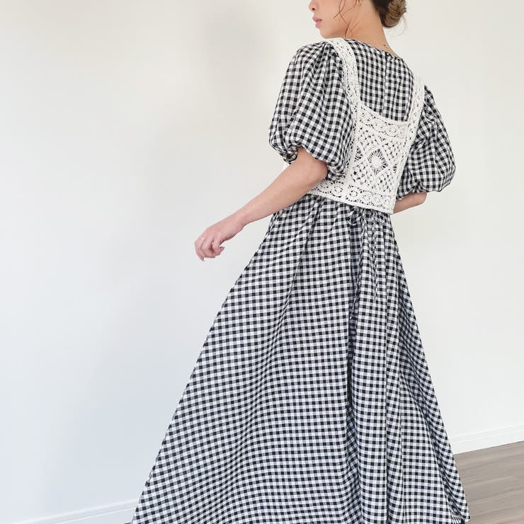 チェックブラック | ビスチェ付きパフスリーブマキシ丈ワンピース | JUNOAH
