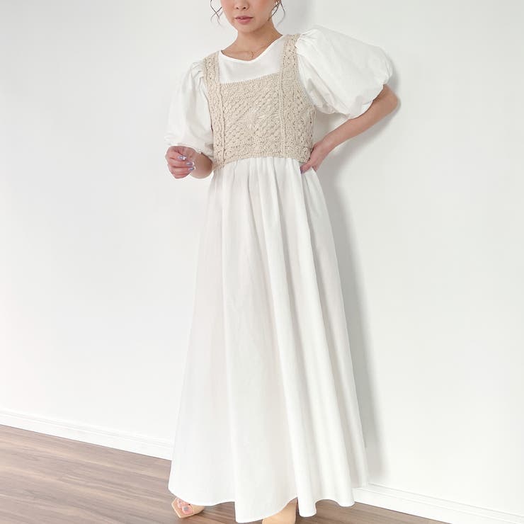 ホワイト | ビスチェ付きパフスリーブマキシ丈ワンピース | JUNOAH