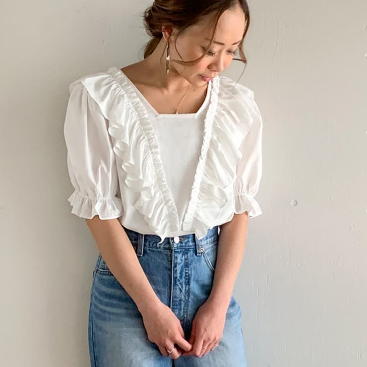 ホワイト | フリルコットンブラウス | JUNOAH