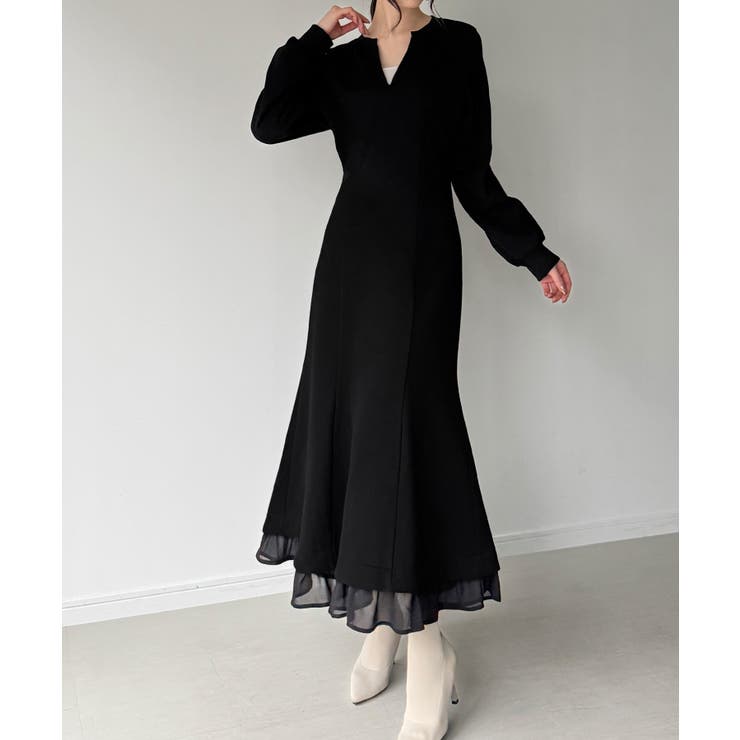 ブラック | 裏起毛レイヤードデザインマーメイドワンピース | JUNOAH