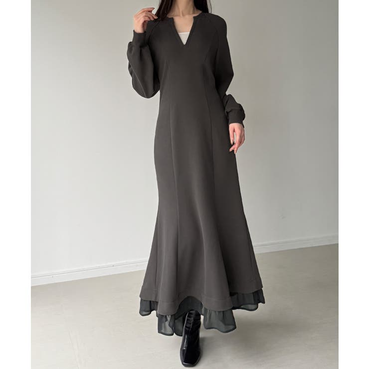 チャコール | 裏起毛レイヤードデザインマーメイドワンピース | JUNOAH