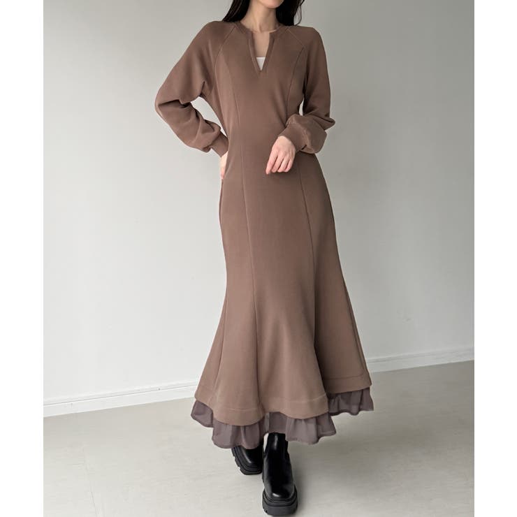 モカ | 裏起毛レイヤードデザインマーメイドワンピース | JUNOAH