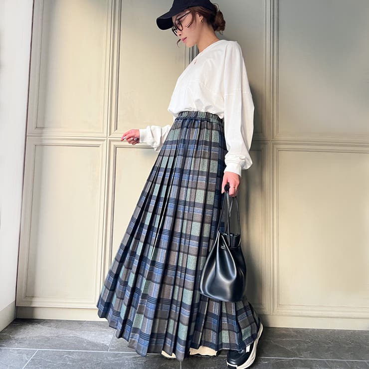 裾上げ済み　ebure シアーチェックオーガン ウエストゴムプリーツスカート 裾上げ済み ebure シアーチェックオーガン ウエストゴムプリーツ