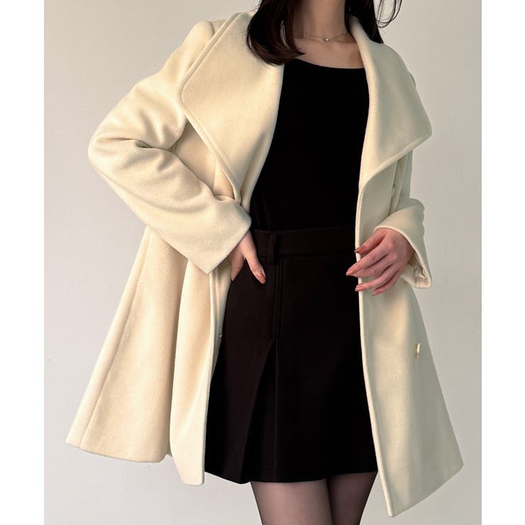 ショールカラーミドル丈ウエストシェイプフレアコート | JUNOAH | 詳細画像13 