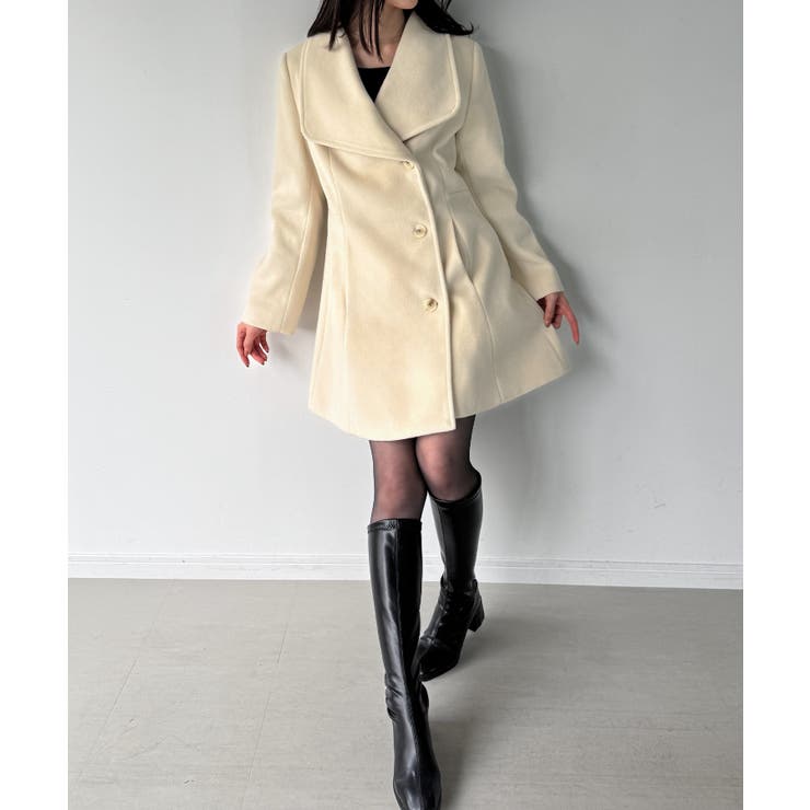 アイボリー | ショールカラーミドル丈ウエストシェイプフレアコート | JUNOAH