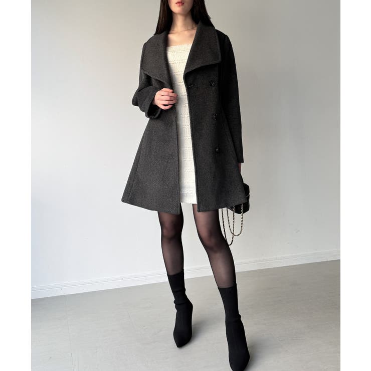 ショールカラーミドル丈ウエストシェイプフレアコート | JUNOAH | 詳細画像9 