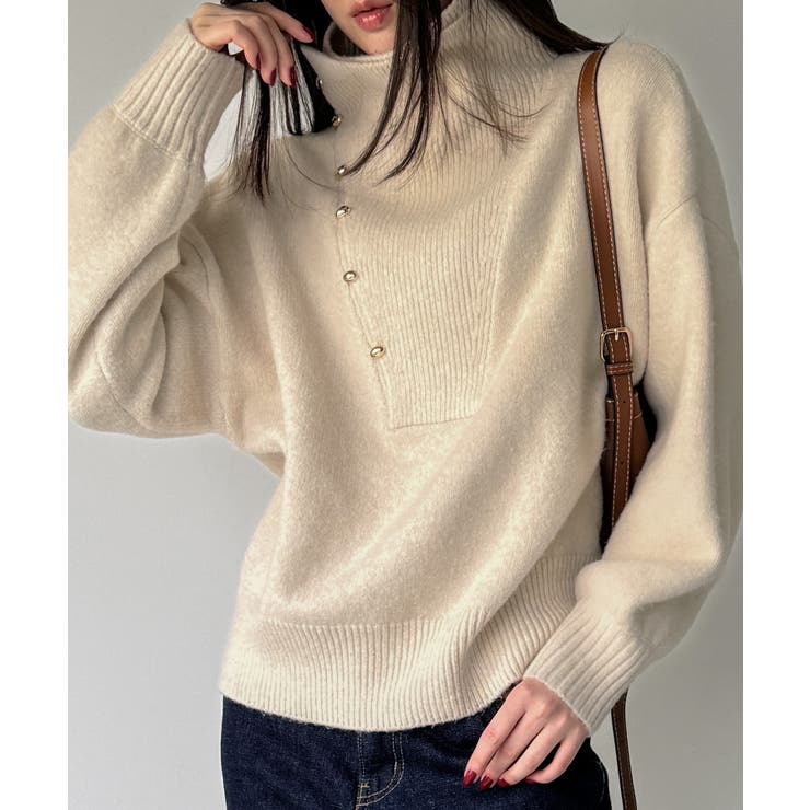 2wayネックゴールドボタンニットプルオーバー | JUNOAH | 詳細画像1 