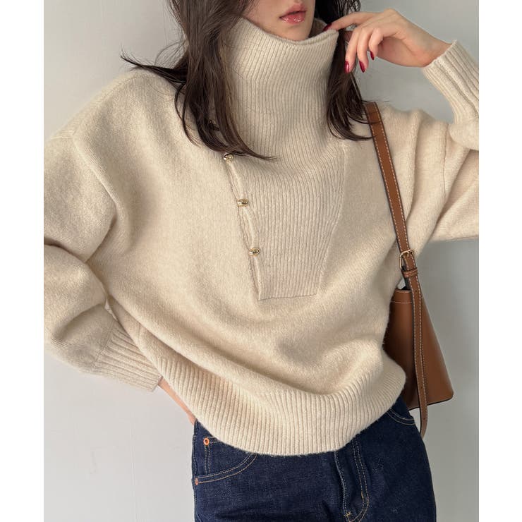 アイボリー | 2wayネックゴールドボタンニットプルオーバー | JUNOAH