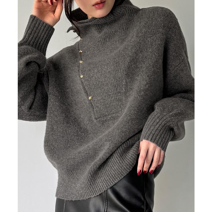 チャコール | 2wayネックゴールドボタンニットプルオーバー | JUNOAH