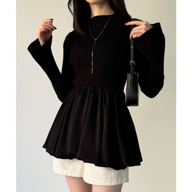 サテンドッキングバルーンニットトップス | JUNOAH | 詳細画像1 