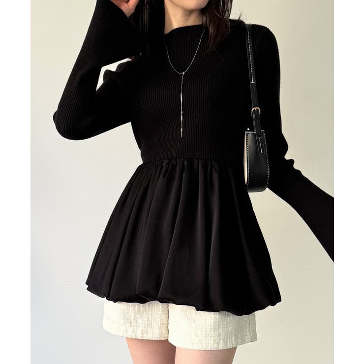 ブラック | サテンドッキングバルーンニットトップス | JUNOAH