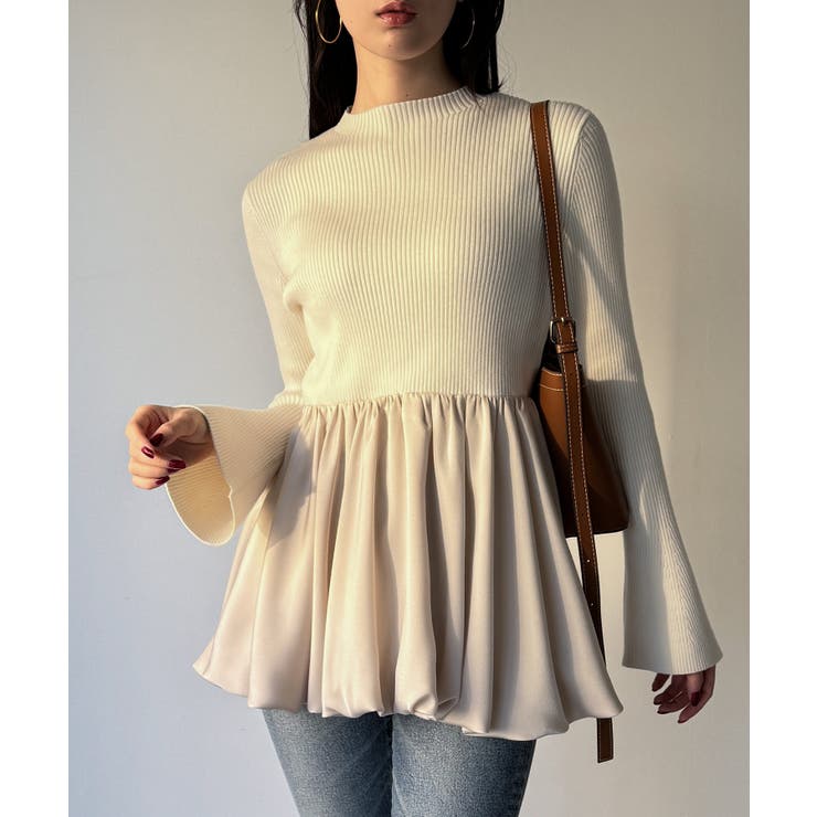 アイボリー | サテンドッキングバルーンニットトップス | JUNOAH