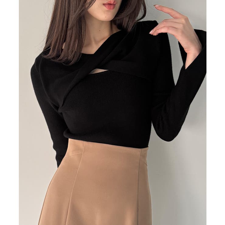 ブラック | クロスドレープニットトップス | JUNOAH