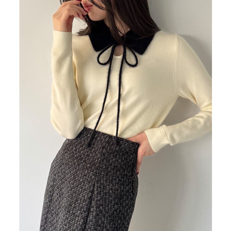 【取り外し可能リボン付き】シャギーカラーニットトップス | JUNOAH | 詳細画像11 