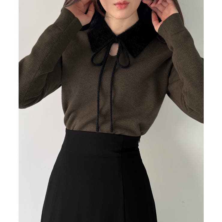 チャコール | 【取り外し可能リボン付き】シャギーカラーニットトップス | JUNOAH