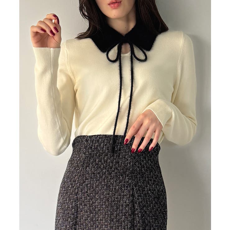 アイボリー | 【取り外し可能リボン付き】シャギーカラーニットトップス | JUNOAH