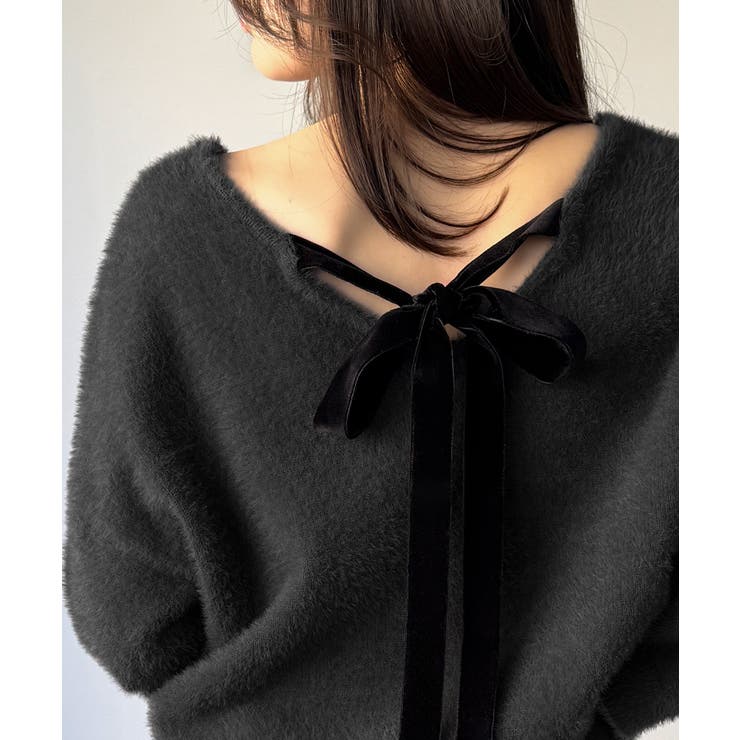 チャコール | バックベロアリボンシャギーニットトップス | JUNOAH