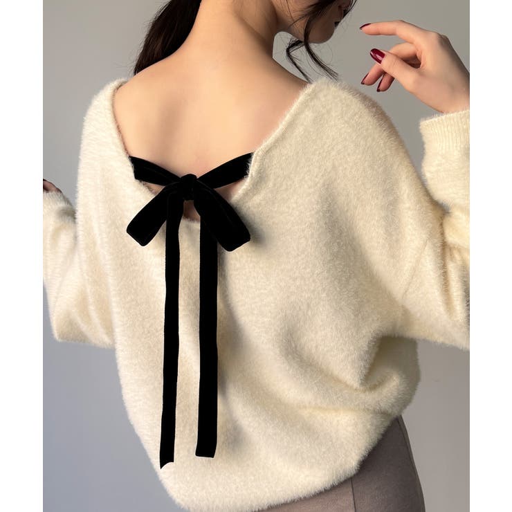 アイボリー | バックベロアリボンシャギーニットトップス | JUNOAH