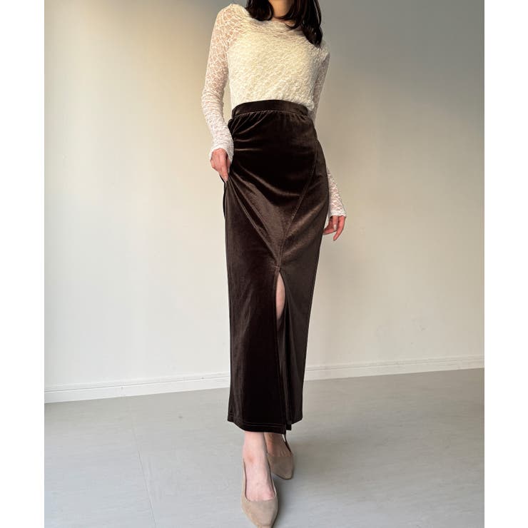 ブラウン | カーブラインベロアスリットスカート | JUNOAH