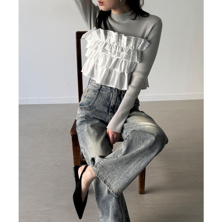 グレー | フリルビスチェ風ドッキングリブニット | JUNOAH