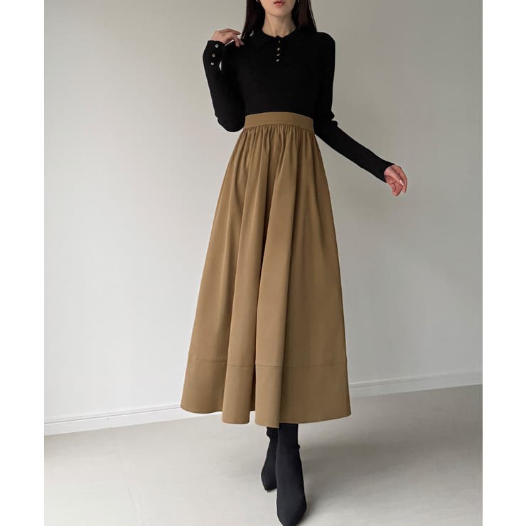 ブラック | ポロリブニットドッキングワンピース | JUNOAH