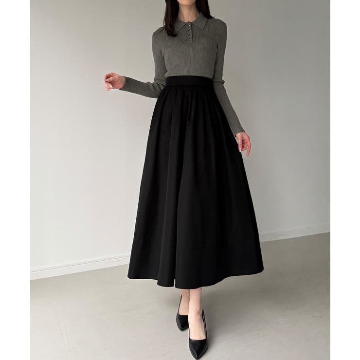 チャコール | ポロリブニットドッキングワンピース | JUNOAH