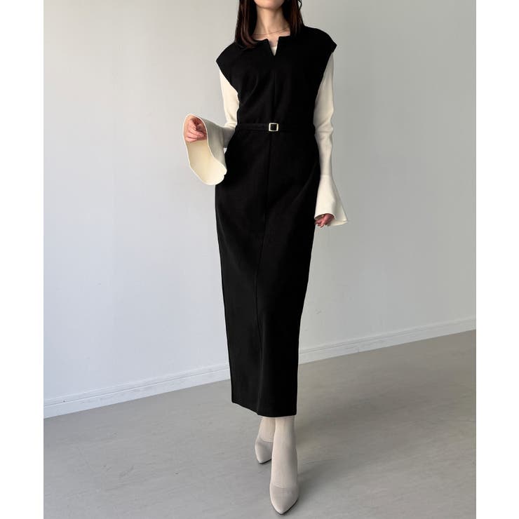 ブラック | キーネックIラインロングワンピース | JUNOAH