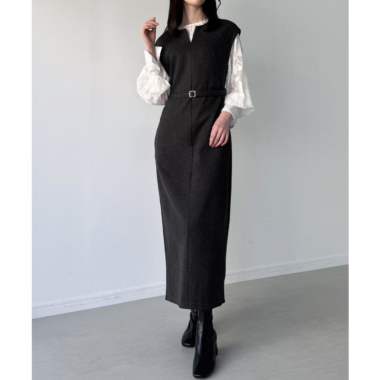 チャコール | キーネックIラインロングワンピース | JUNOAH