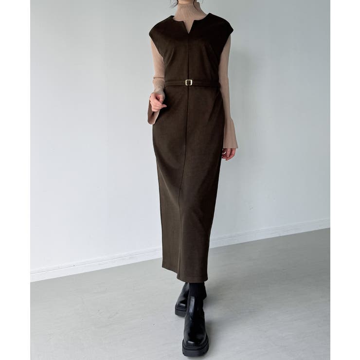 ブラウン | キーネックIラインロングワンピース | JUNOAH