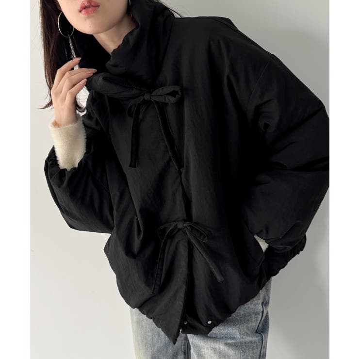 ブラック | スタンドカラーリボン中綿アウター | JUNOAH