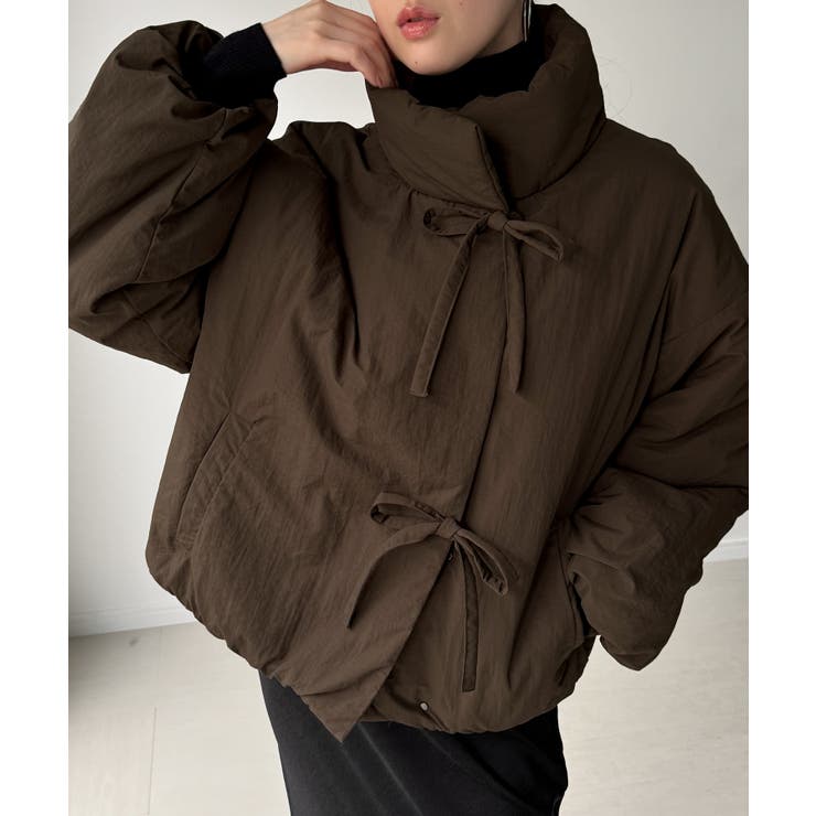 ブラウン | スタンドカラーリボン中綿アウター | JUNOAH