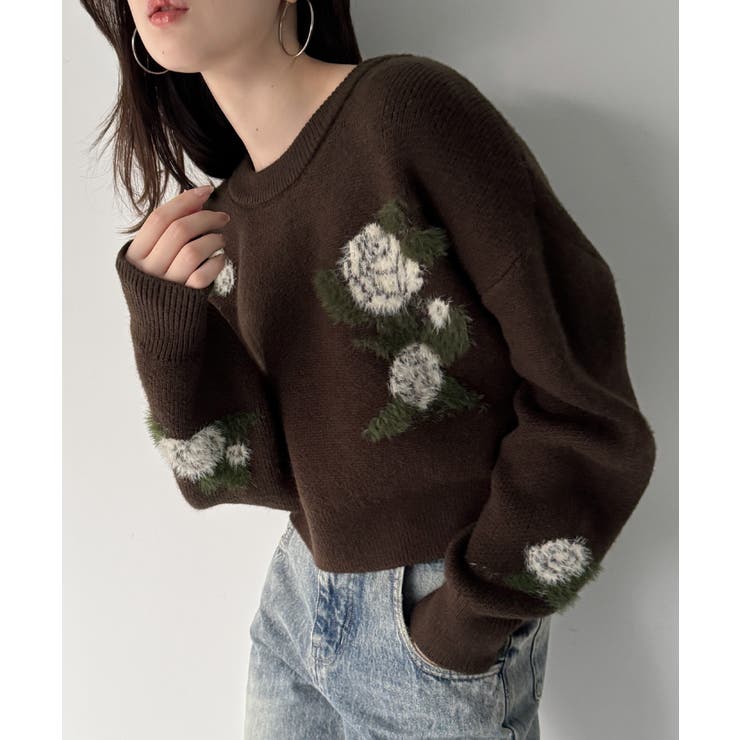 ダークブラウン | 花柄ジャガードショートニット | JUNOAH