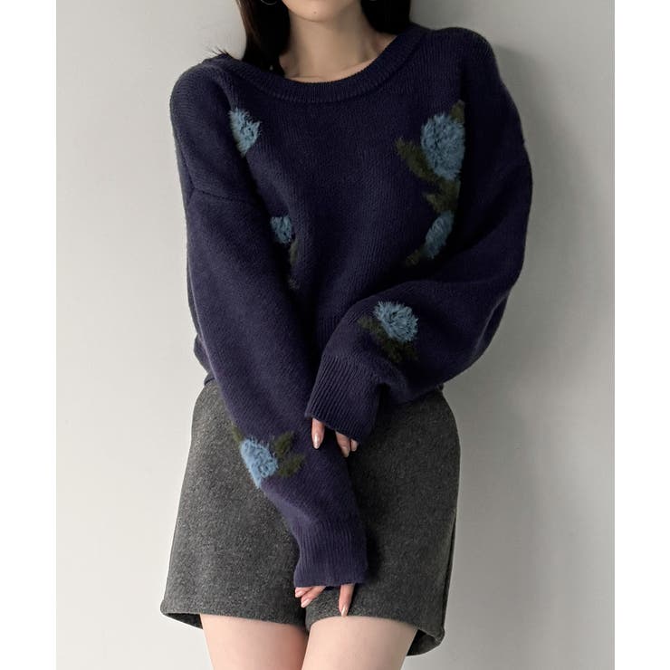 ネイビー | 花柄ジャガードショートニット | JUNOAH