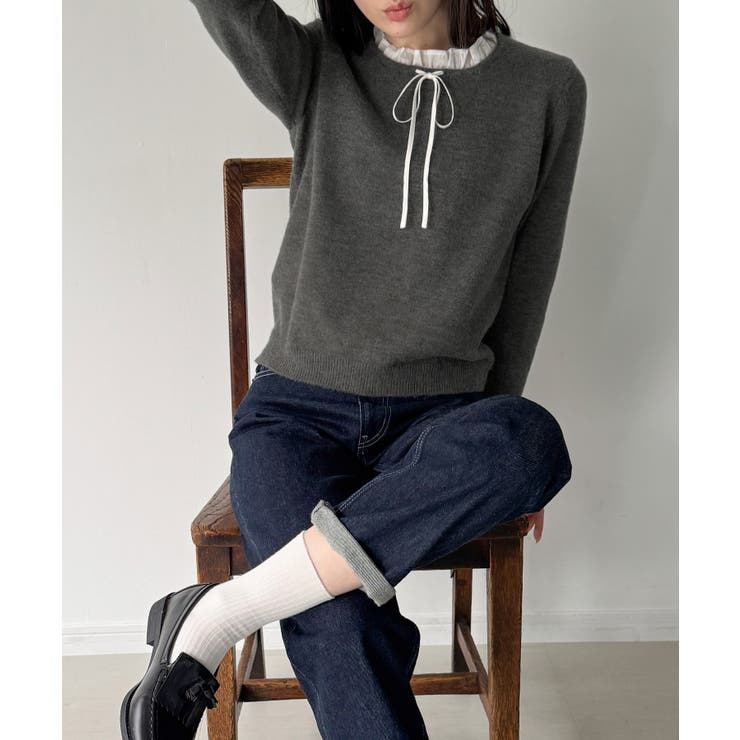 チャコール | フリルレイヤードニットプルオーバー  | JUNOAH