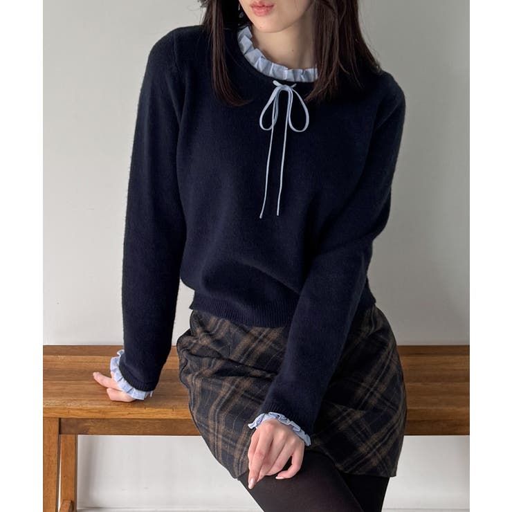 ネイビー | フリルレイヤードニットプルオーバー  | JUNOAH