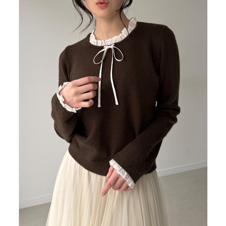 ブラウン | フリルレイヤードニットプルオーバー  | JUNOAH