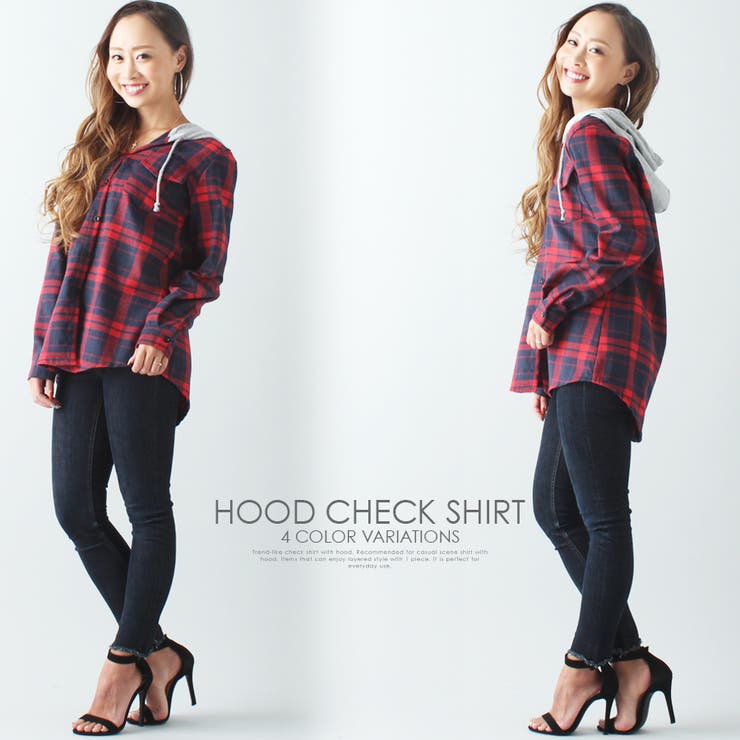 レイヤード風フード付きチェックシャツ/フード シャツ 羽織