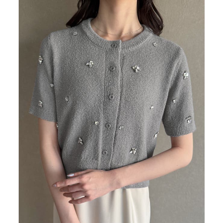 ビジュー半袖ニットカーディガン[品番：AMTW0012304]｜JUNOAH