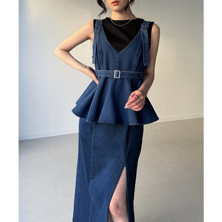 ブルー | デニムVネックペプラムキャミワンピース | JUNOAH