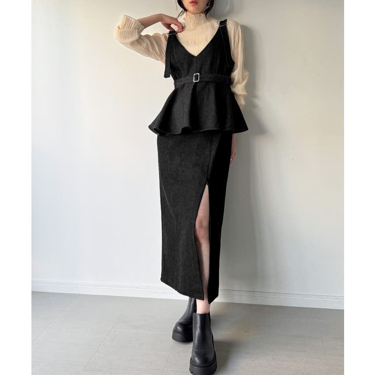 ブラック | デニムVネックペプラムキャミワンピース | JUNOAH