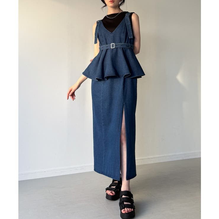 デニムVネックペプラムキャミワンピース | JUNOAH | 詳細画像4 