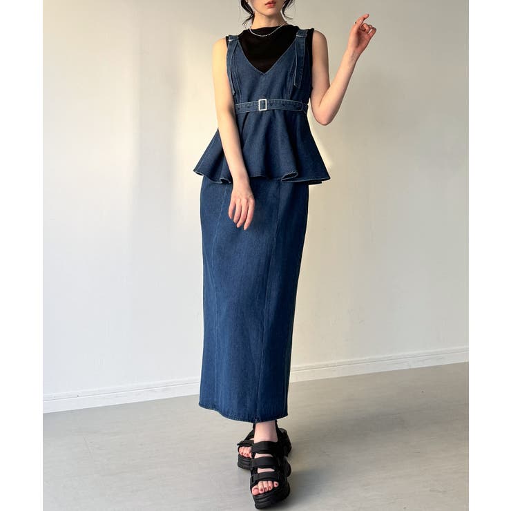 デニムVネックペプラムキャミワンピース | JUNOAH | 詳細画像5 