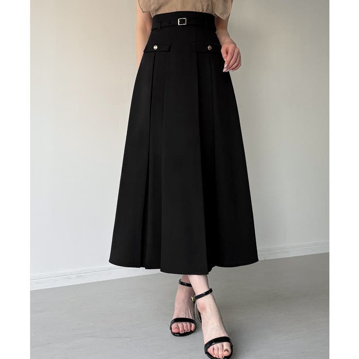 ブラック | ベルト付きボックスプリーツミディスカート | JUNOAH