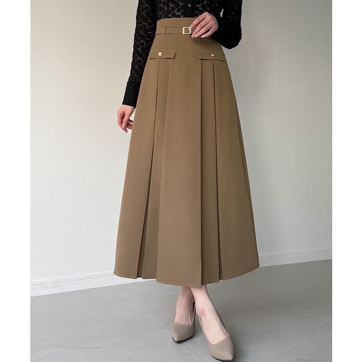 モカ | ベルト付きボックスプリーツミディスカート | JUNOAH