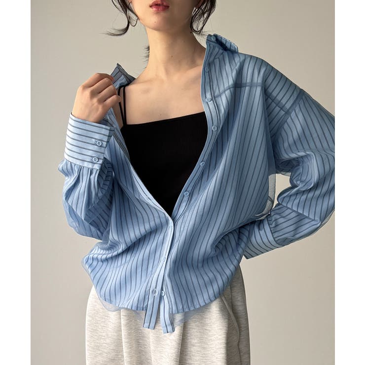 ブルー | チュールレイヤードストライプシャツ | JUNOAH