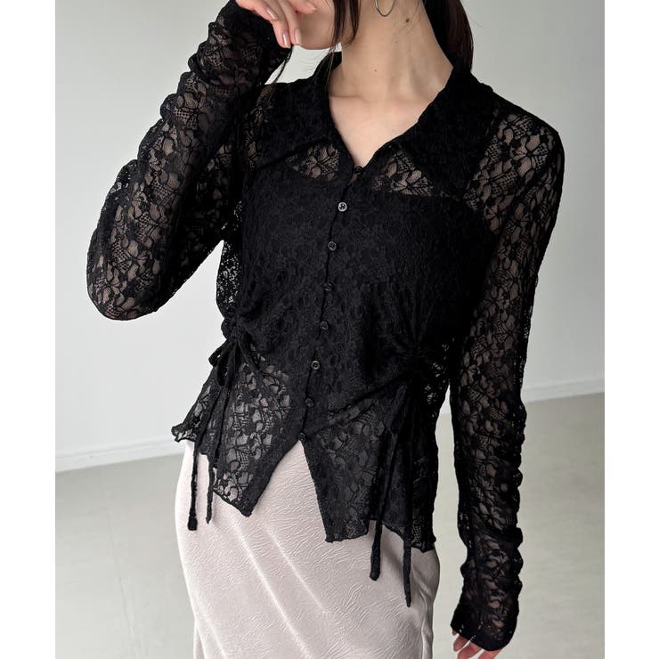 ブラック | カットレースポロ衿カーディガン | JUNOAH