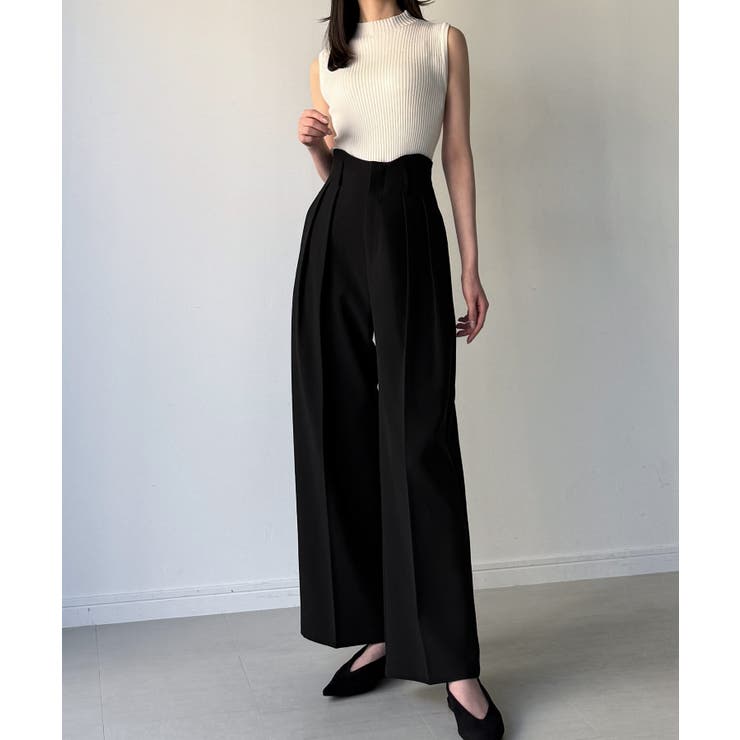 ブラック | ウェーブハイウエストツータックワイドパンツ | JUNOAH
