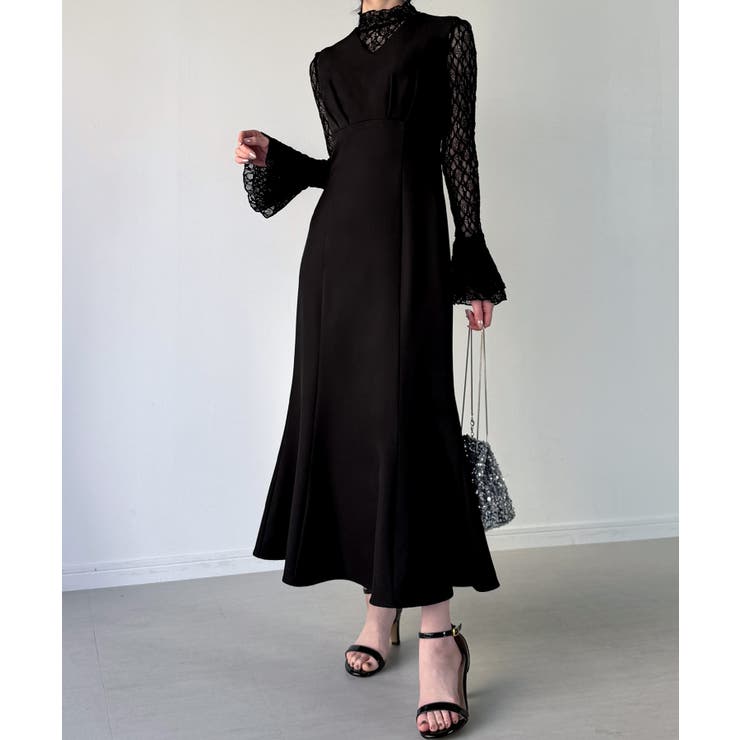 ブラック | （裏地無し）マーメイドワンピースレーストップスセット | JUNOAH