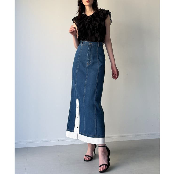 ブルー | 異素材ドッキングデニムスカート | JUNOAH