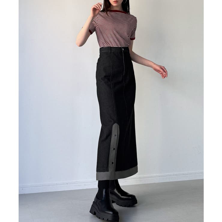 ブラック | 異素材ドッキングデニムスカート | JUNOAH